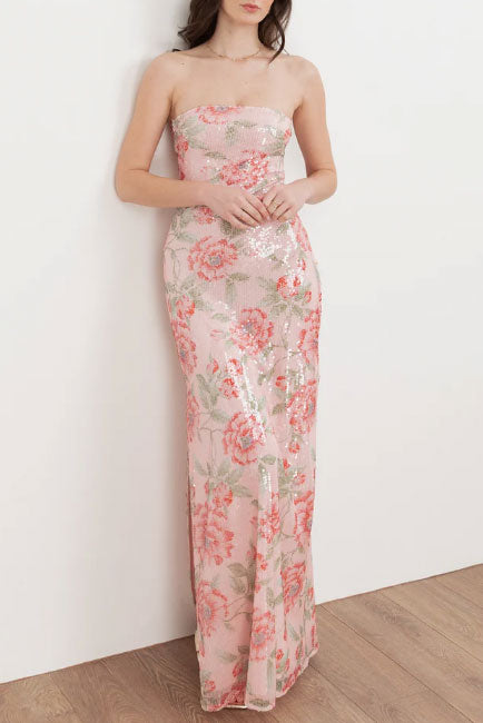 フローラルスパンコールベアトップオープンバックロングドレスSサイズ