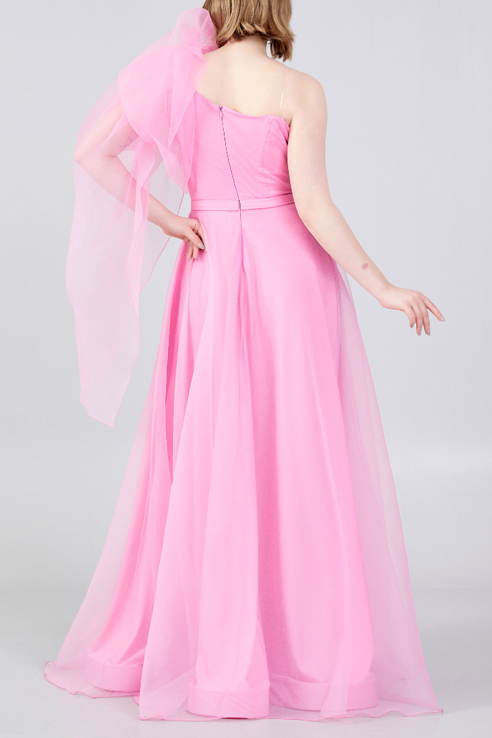 ボリュームワンショルダーAラインドレスピンクSサイズ(38)