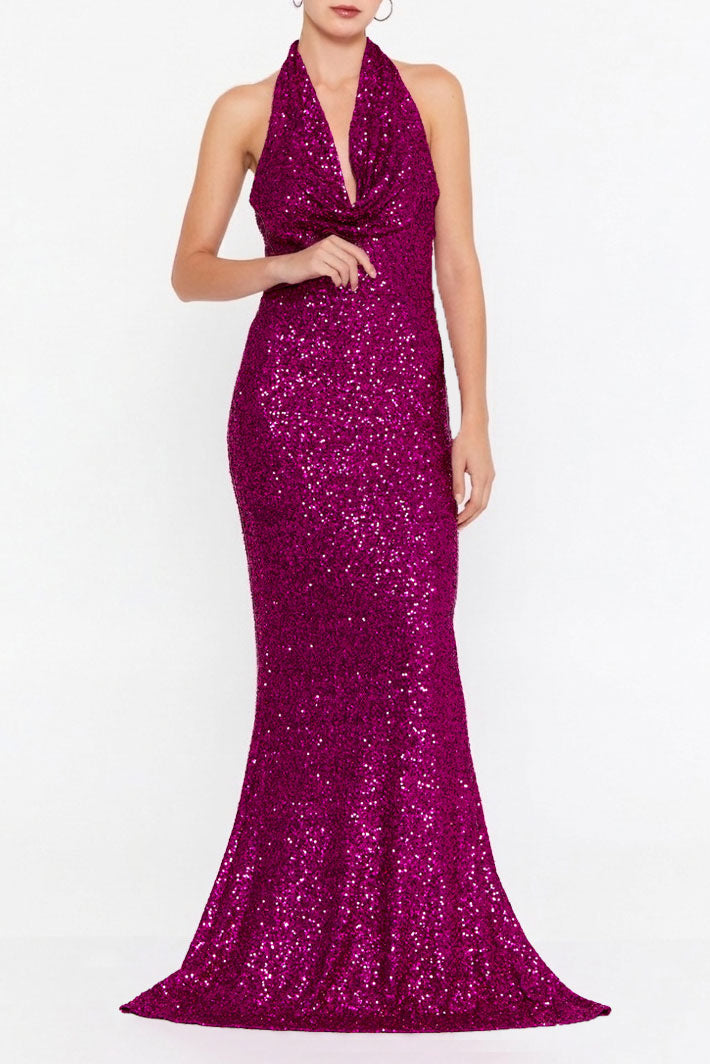 スパンコールホルターネックロングドレスピンクXSサイズ(36)