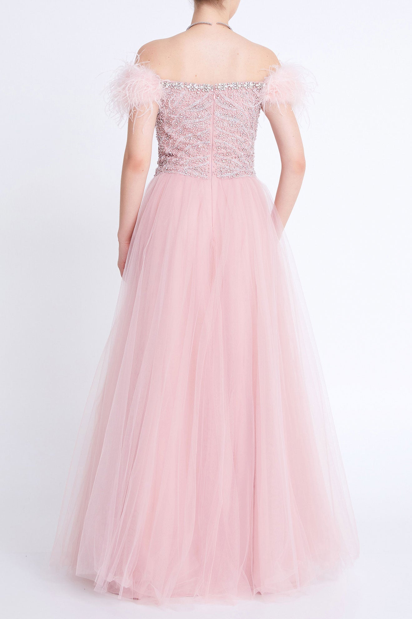 フェザーオフショルダーAラインロングドレスパウダーピンクMサイズ(38)