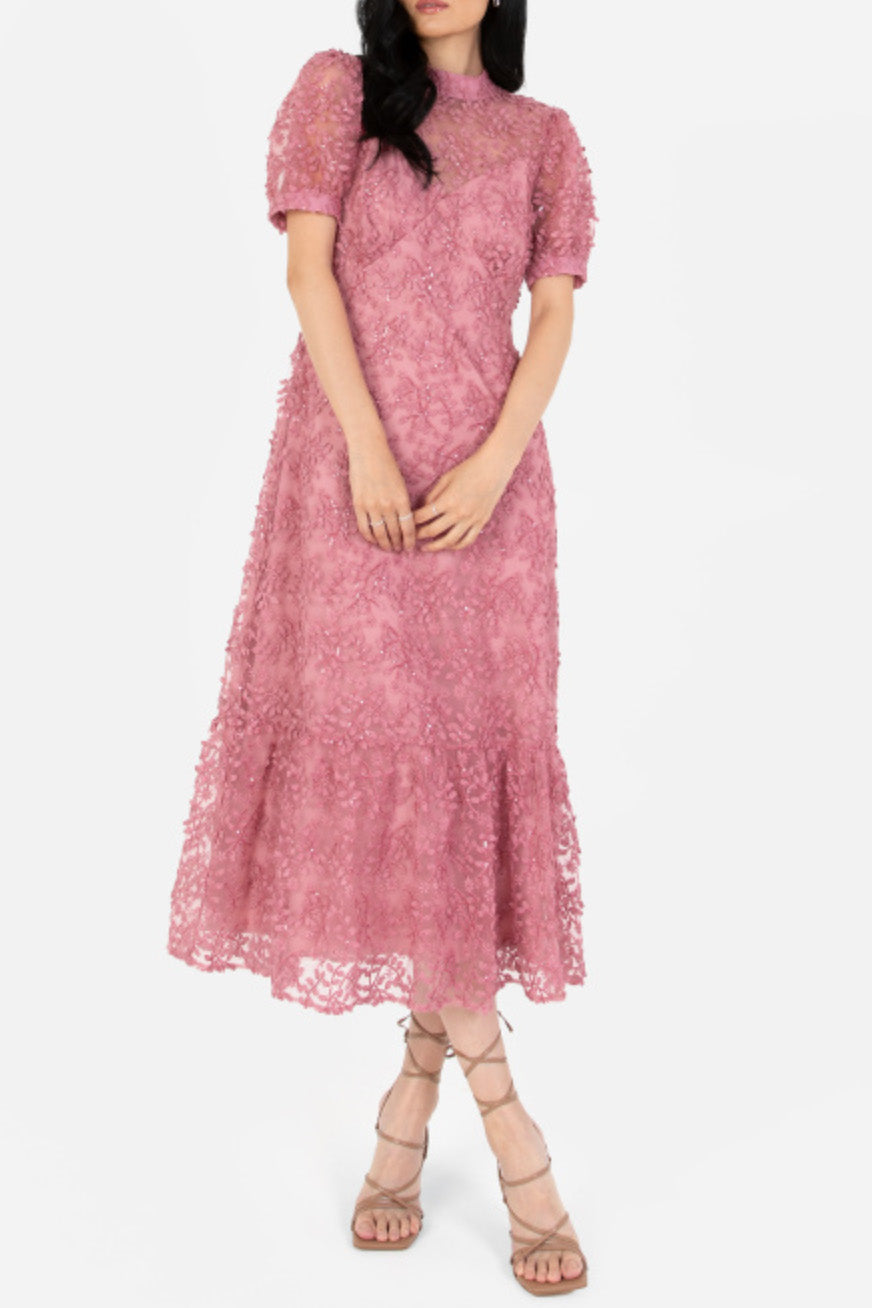 フローラルエンブロイダリースタンドネックミディドレスピンクMサイズ