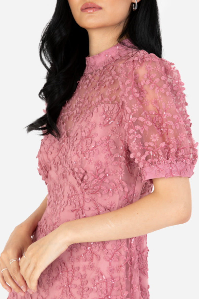 フローラルエンブロイダリースタンドネックミディドレスピンクMサイズ