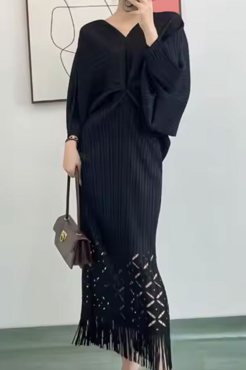 カットワークプリーツドルマンミディドレスブラックフリーサイズ