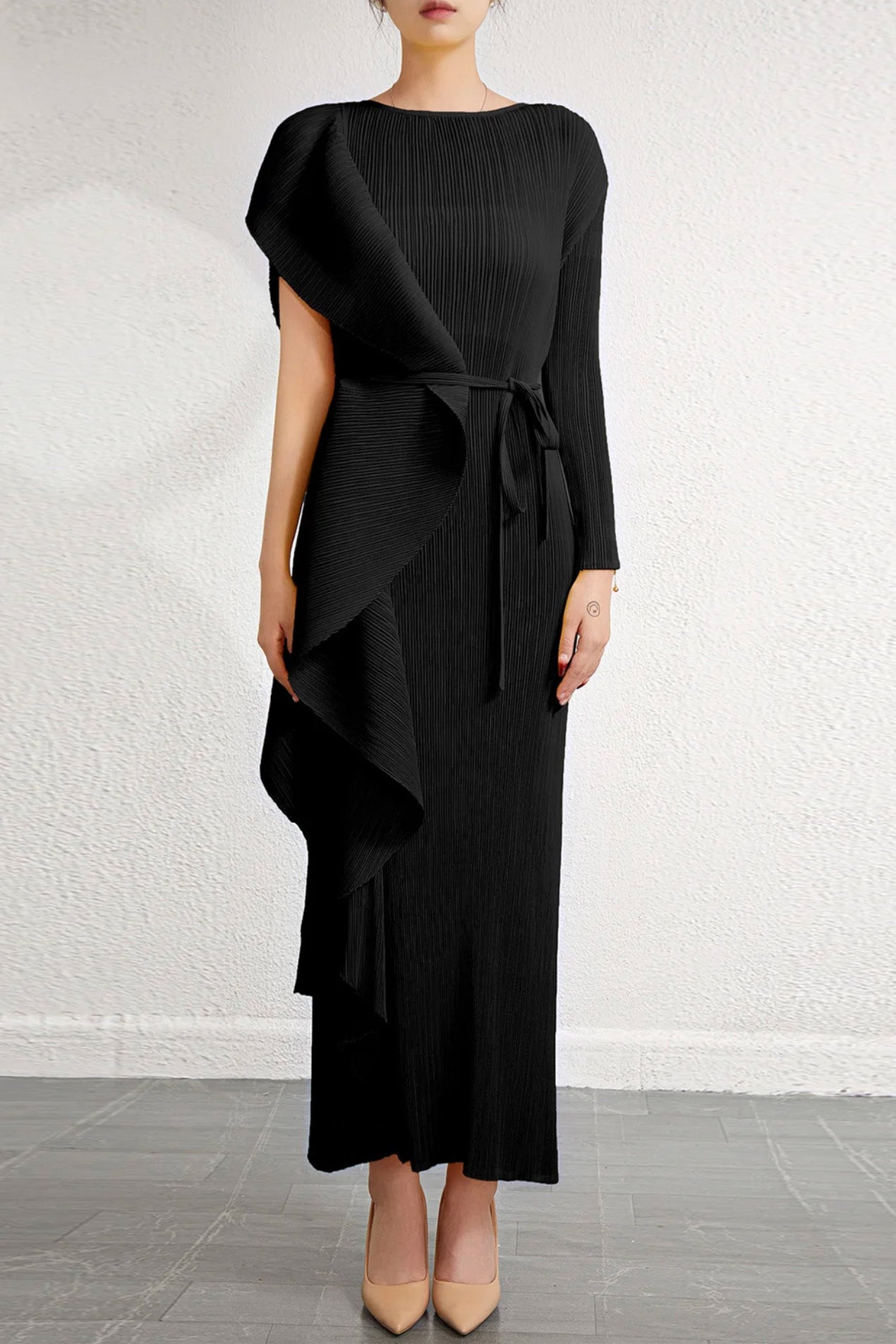 プリーツアシンメトリーフリルロングドレスブラックフリーサイズ