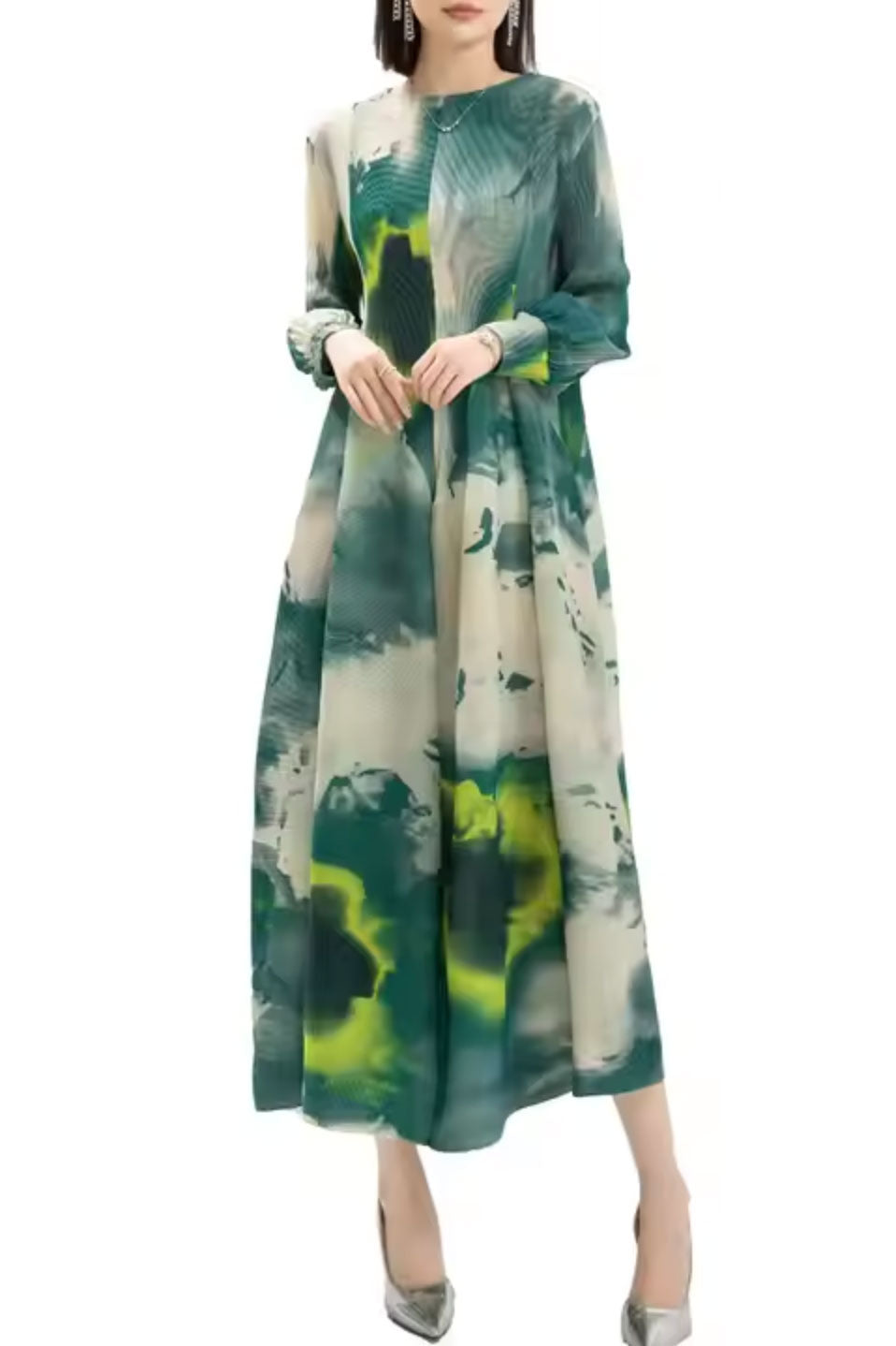 プリーツウォーターカラープリントドレスグリーンフリーサイズ