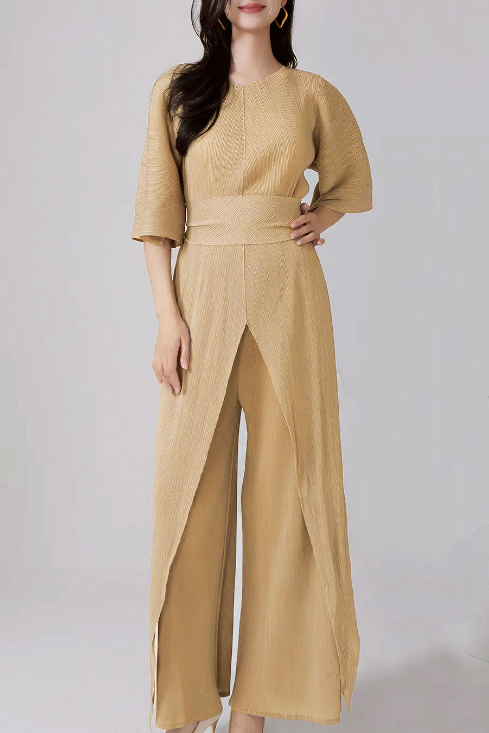 プリーツセットアップパンツマスタードフリーサイズ