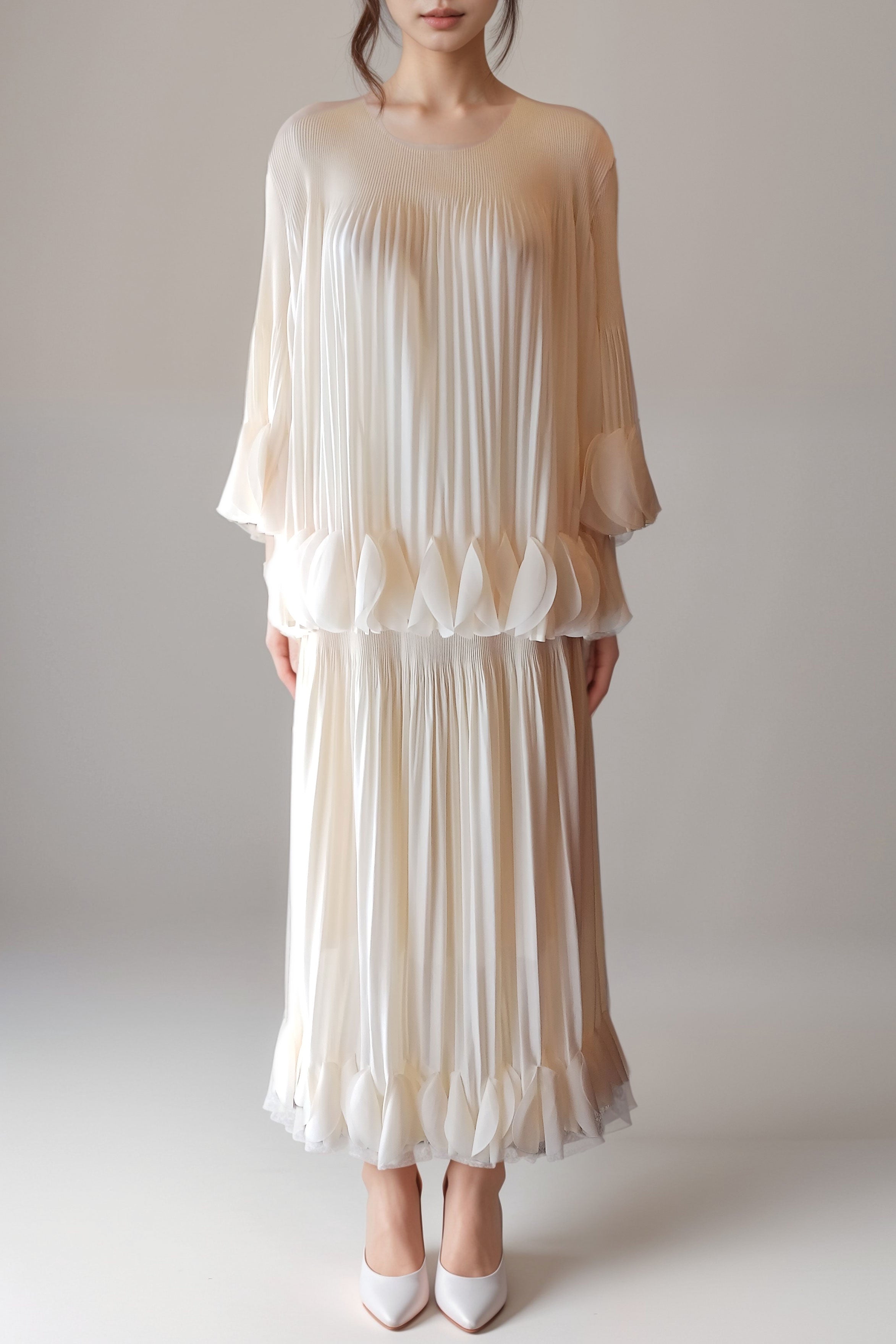 フリルプリーツセットアップドレスオフホワイトフリーサイズ