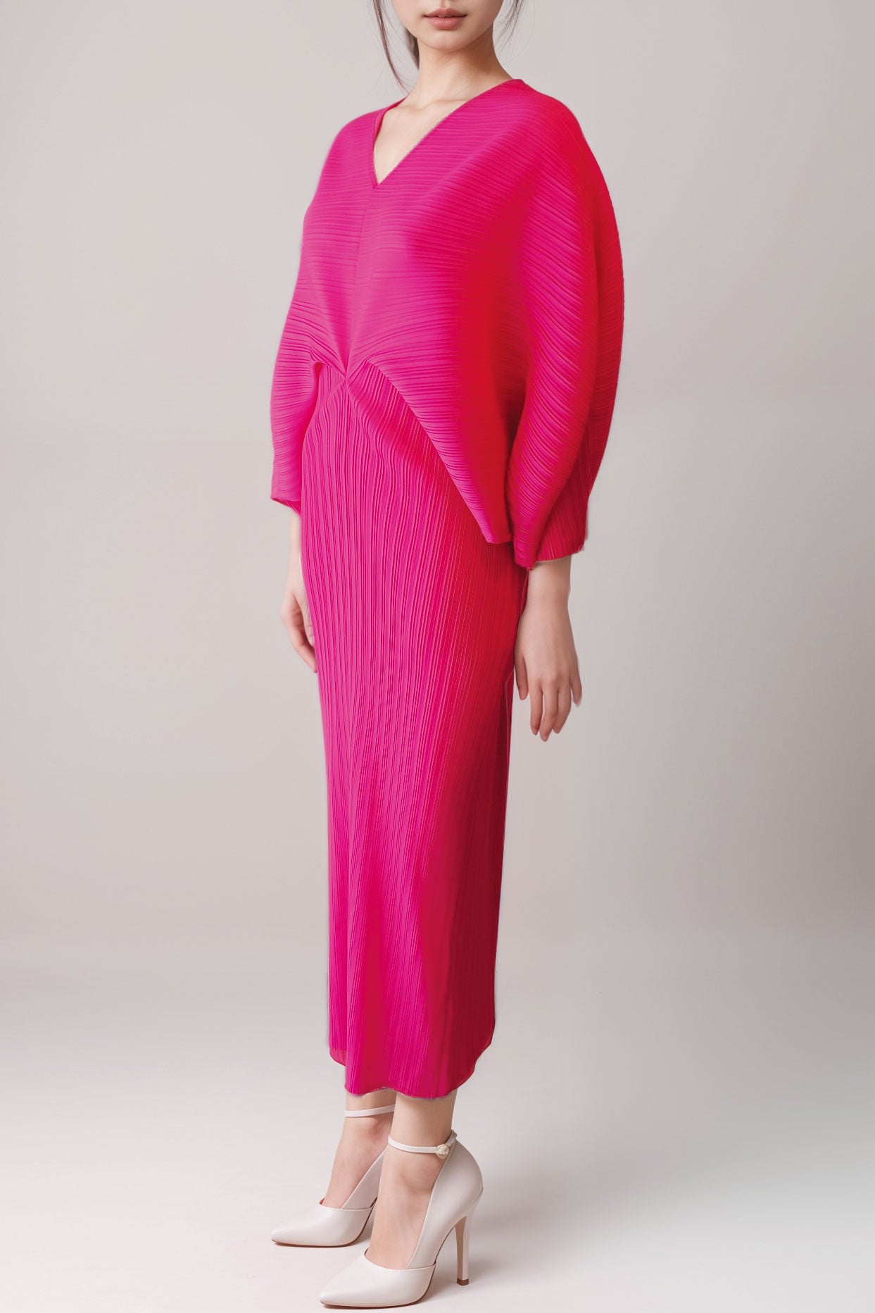 プリーツドルマンミディドレスピンクフリーサイズ