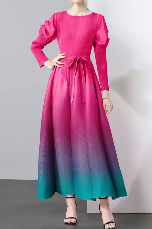 プリーツグラデーションマキシドレスピンク×グリーンフリーサイズ(ウエストリボンつき)