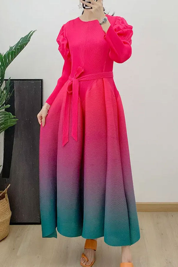 プリーツグラデーションマキシドレスピンク×グリーンフリーサイズ(ウエストリボンつき)