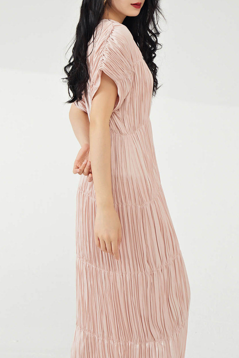 シャイニープリーツルーシュドレスピンクフリーサイズ