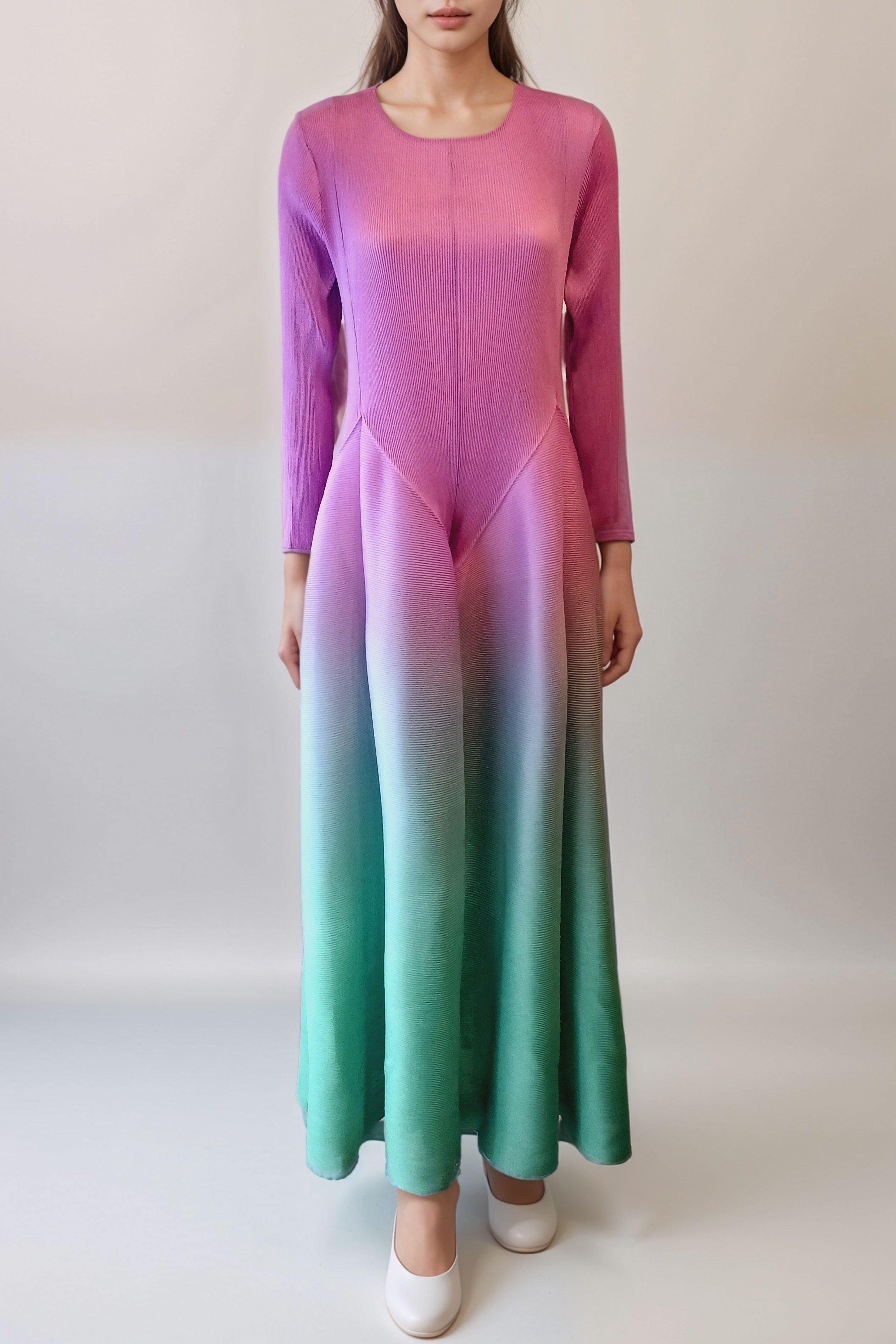 プリーツグラデーションミディドレスパープル×グリーンフリーサイズ(ウエストリボンつき)