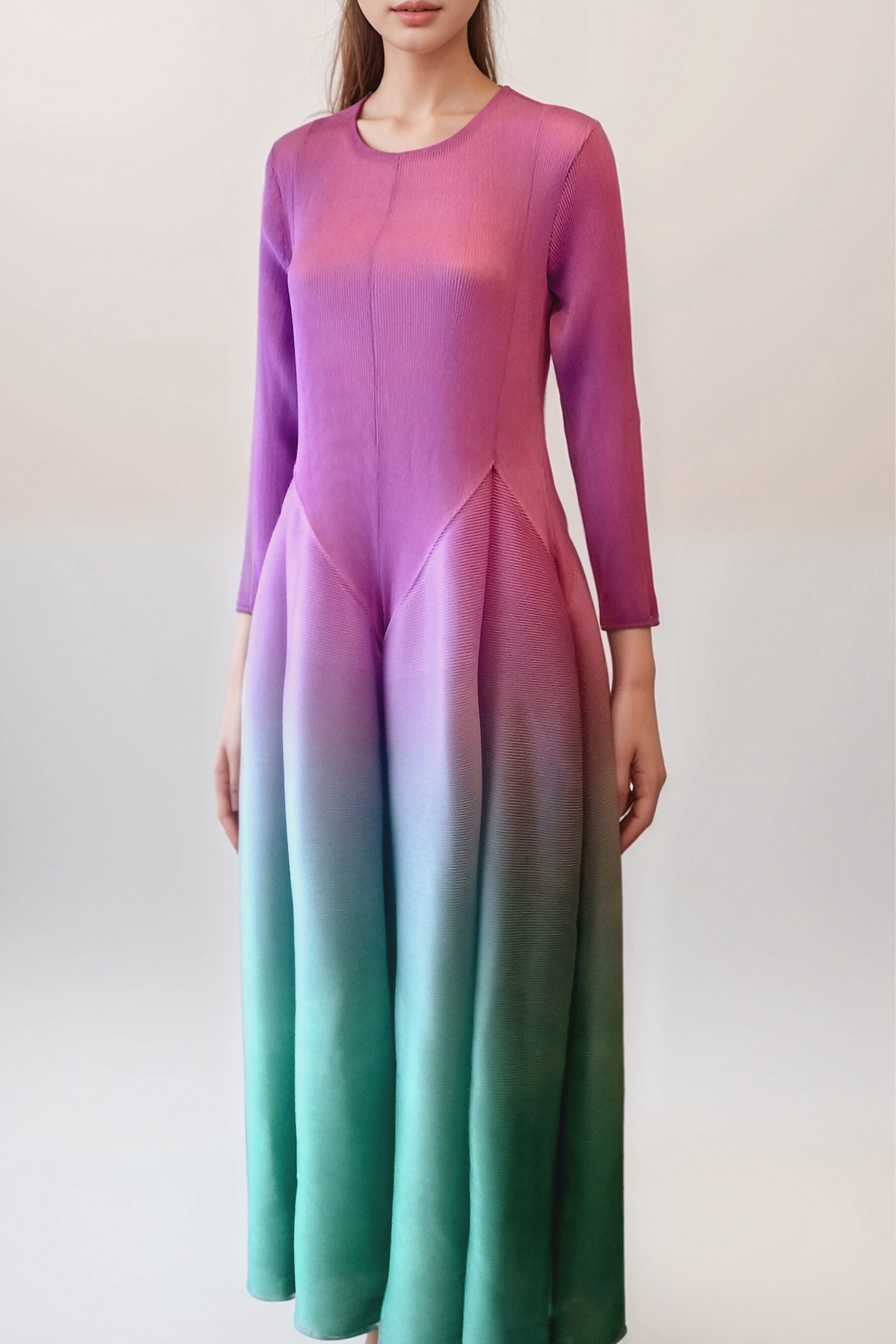 プリーツグラデーションミディドレスパープル×グリーンフリーサイズ(ウエストリボンつき)