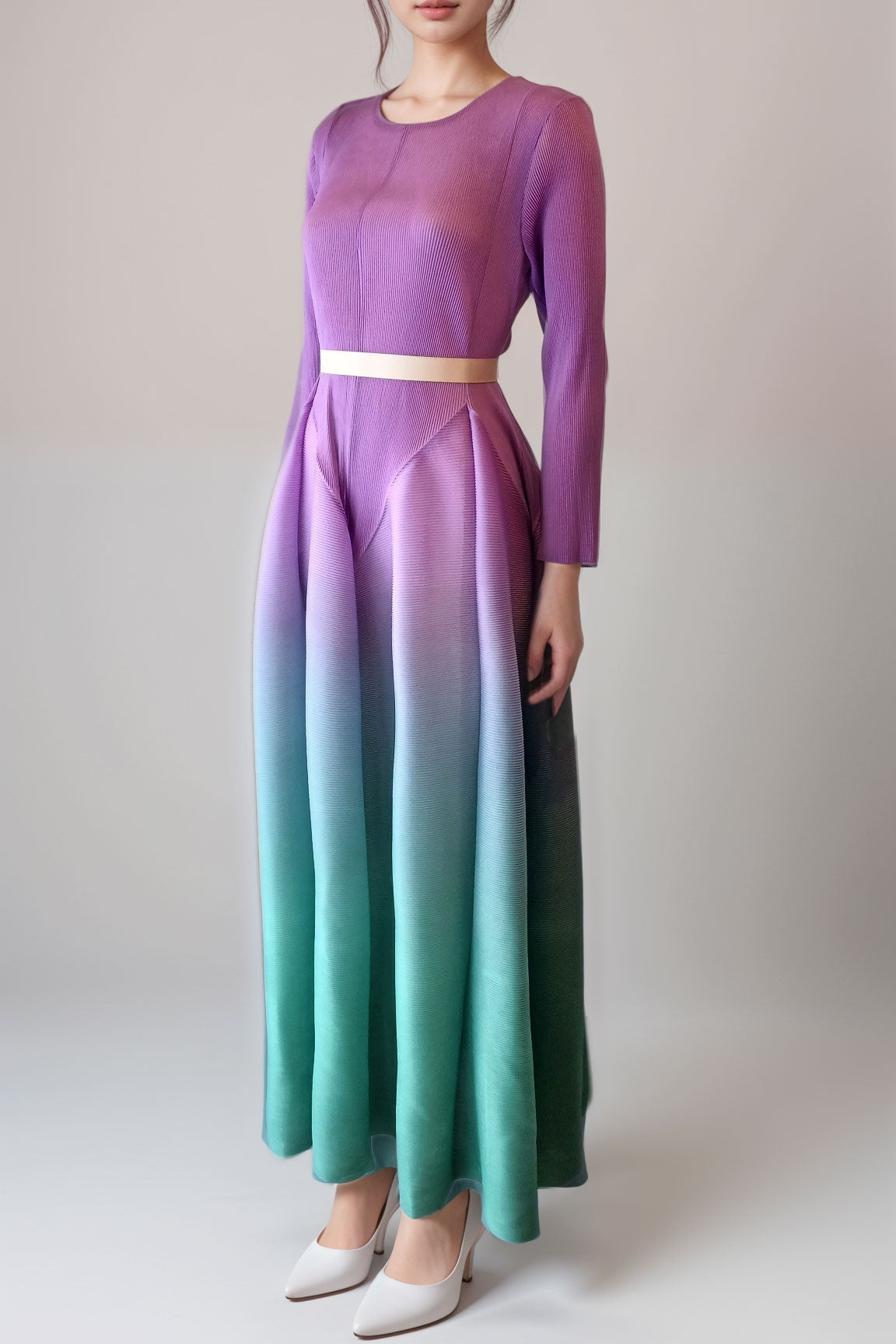 プリーツグラデーションミディドレスパープル×グリーンフリーサイズ(ウエストリボンつき)