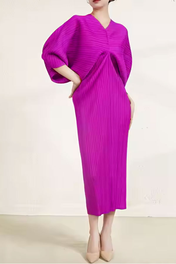 プリーツドルマンミディドレスピンクフリーサイズ