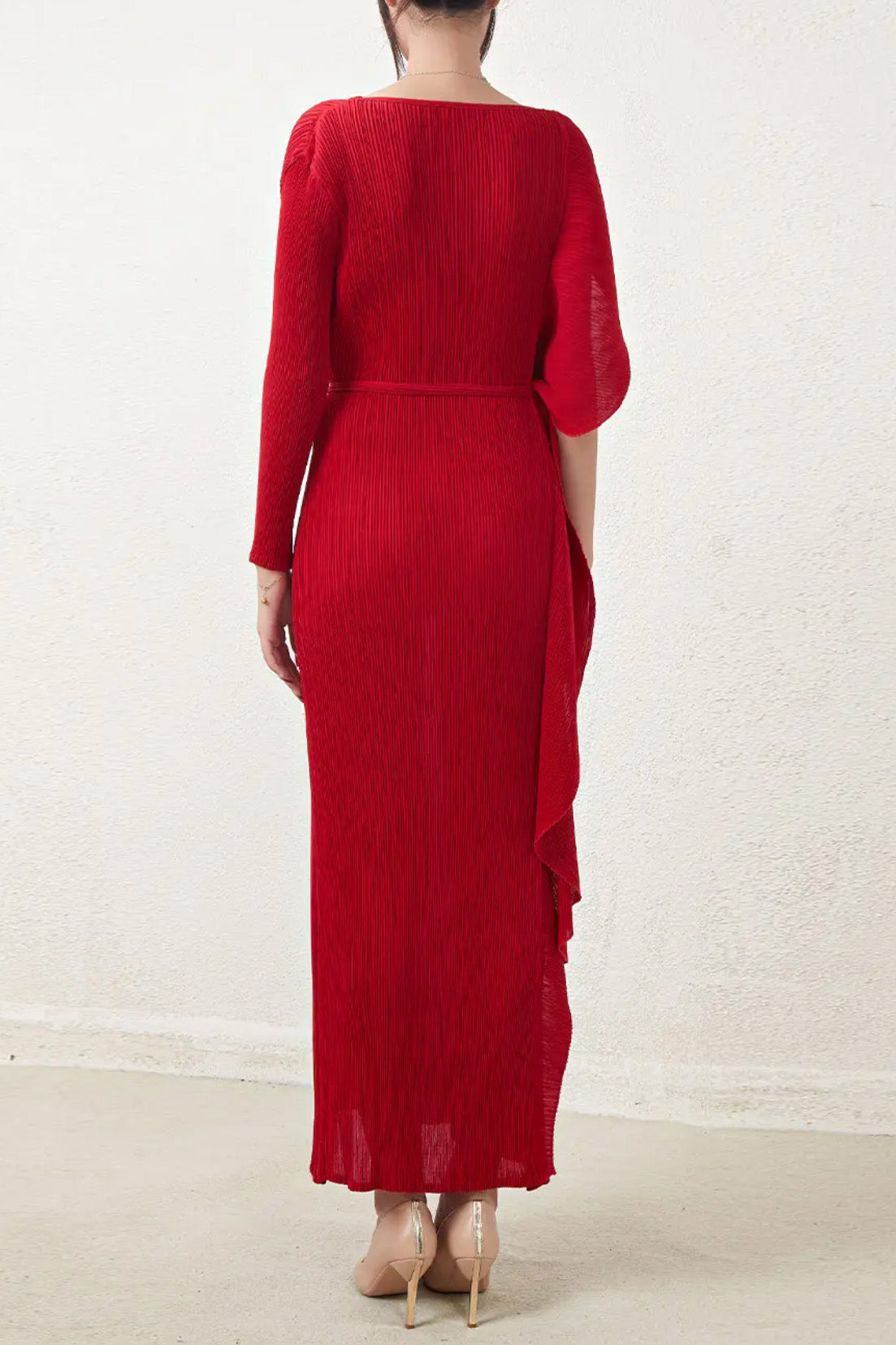 プリーツアシンメトリーフリルロングドレスブラックフリーサイズ