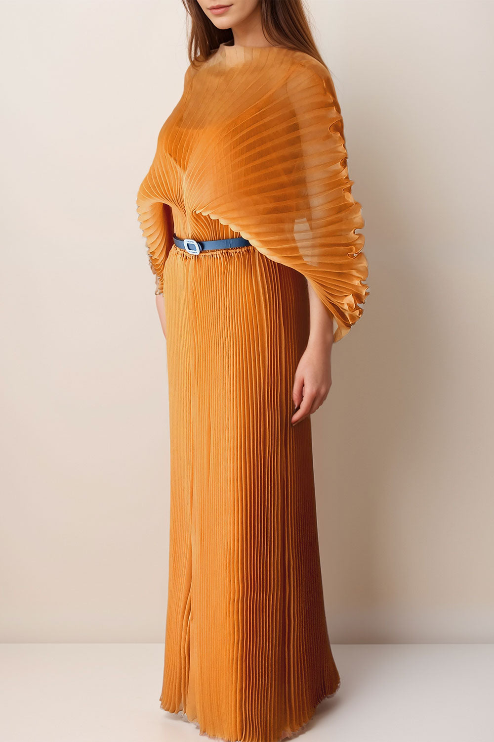 シアープリーツオフショルダーロングドレスマスタードフリーサイズ(ベルト付き)