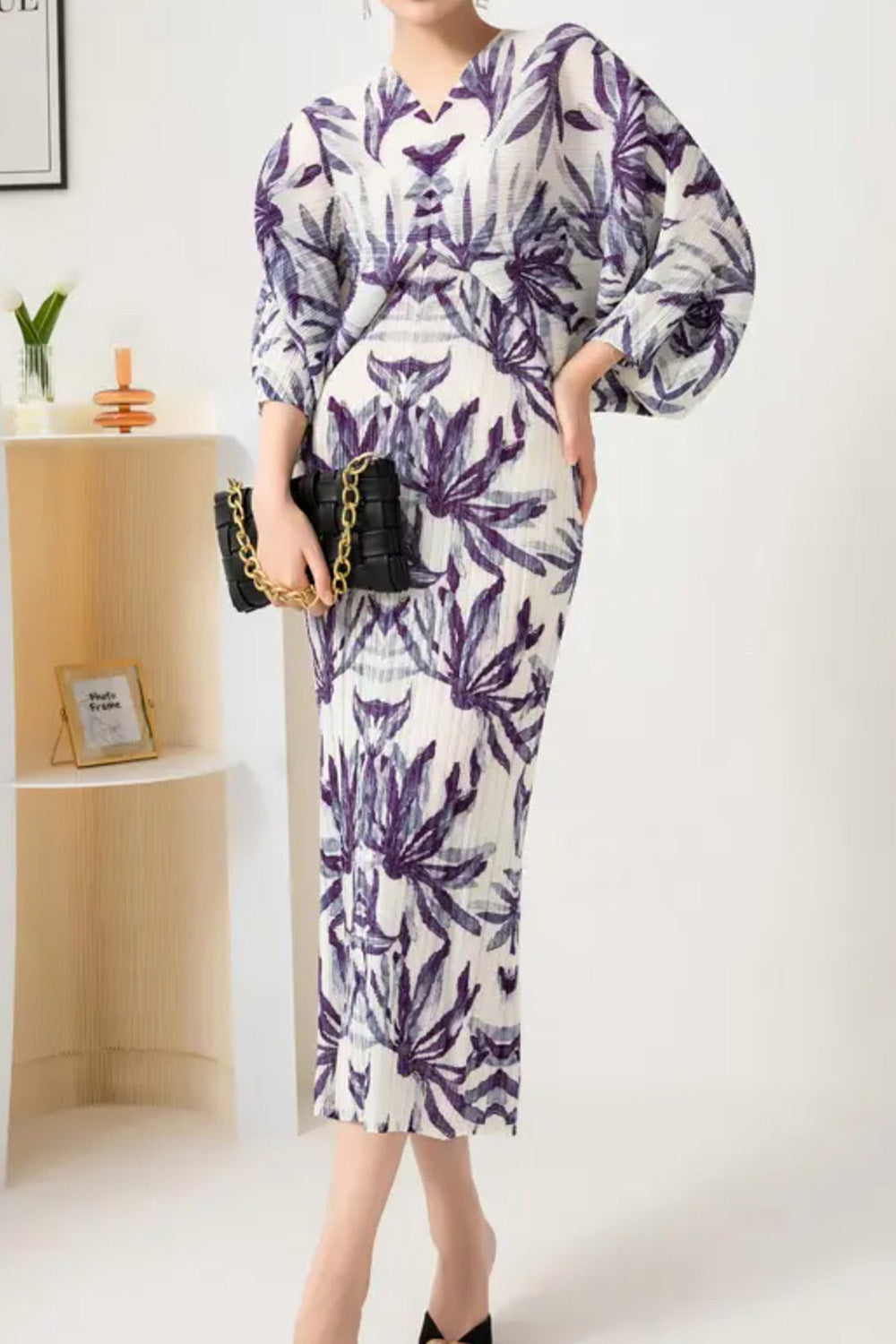 フローラルプリントプリーツドルマンミディドレスパープル×ホワイトフリーサイズ