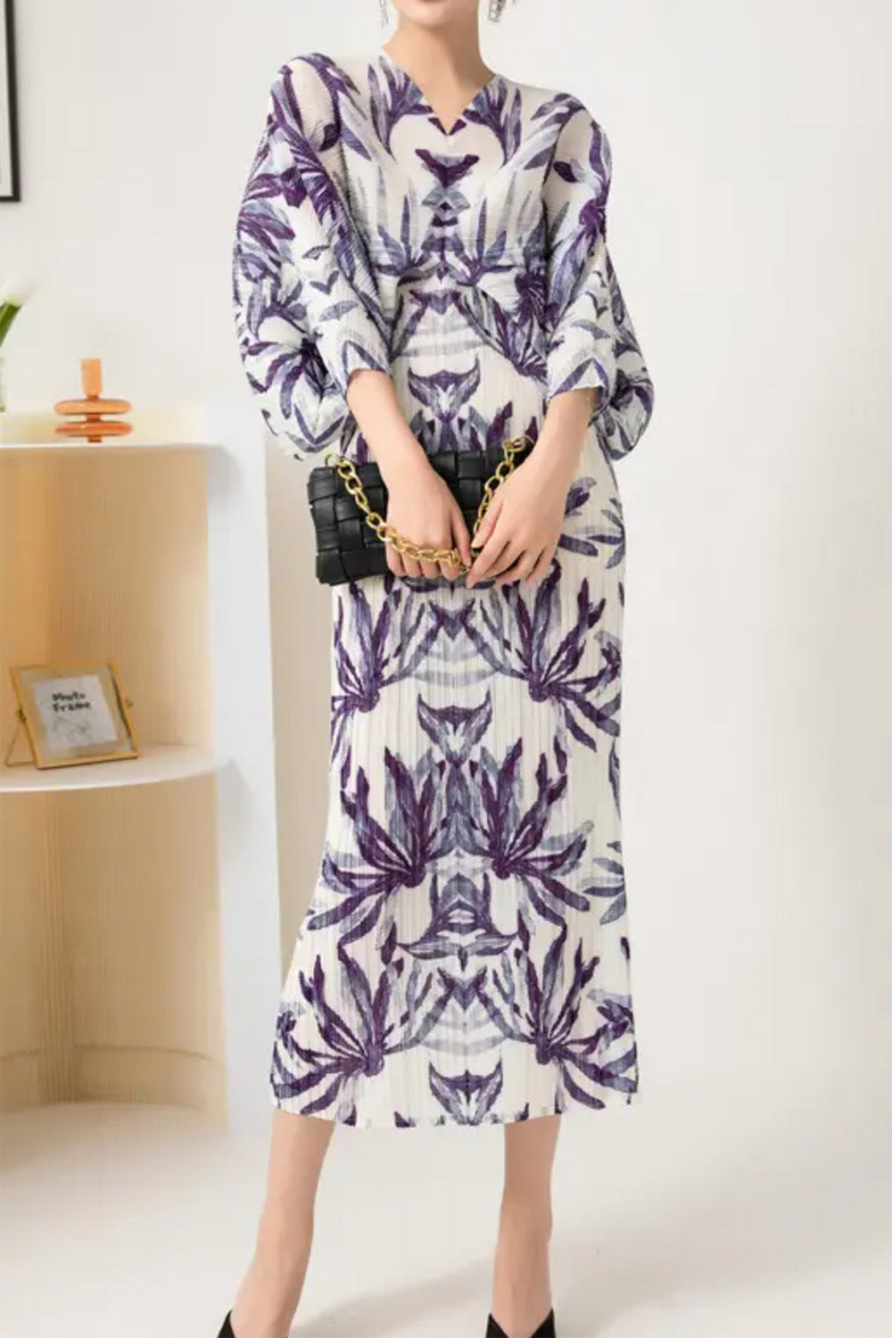 フローラルプリントプリーツドルマンミディドレスパープル×ホワイトフリーサイズ