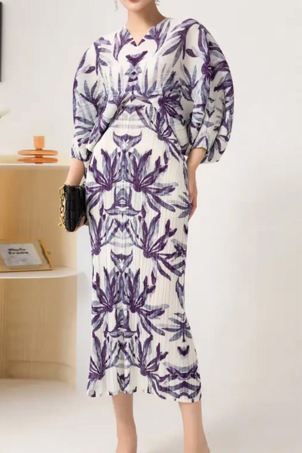フローラルプリントプリーツドルマンミディドレスパープル×ホワイトフリーサイズ