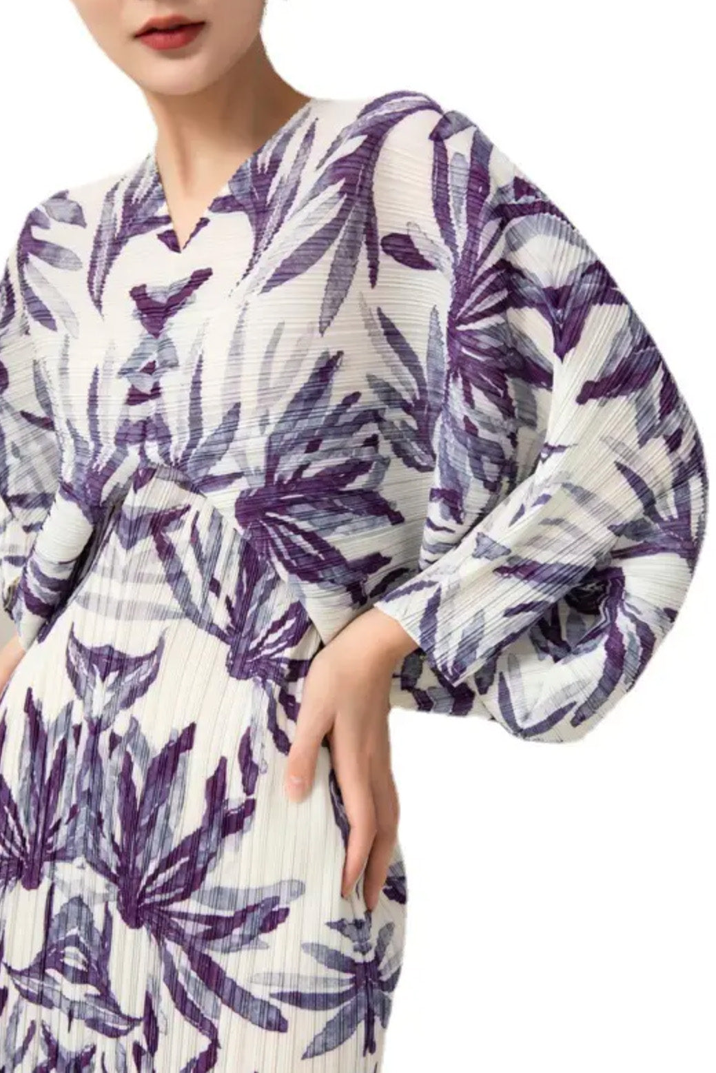 フローラルプリントプリーツドルマンミディドレスパープル×ホワイトフリーサイズ