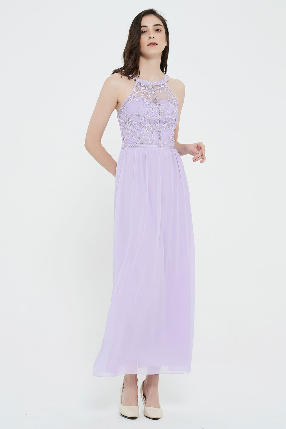 エンブロイダリーレースホルターロングドレスパープルフリーサイズ