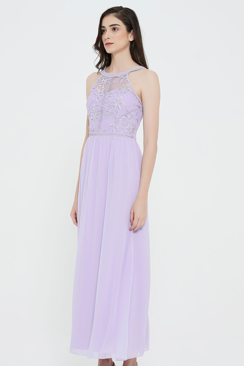 エンブロイダリーレースホルターロングドレスパープルフリーサイズ