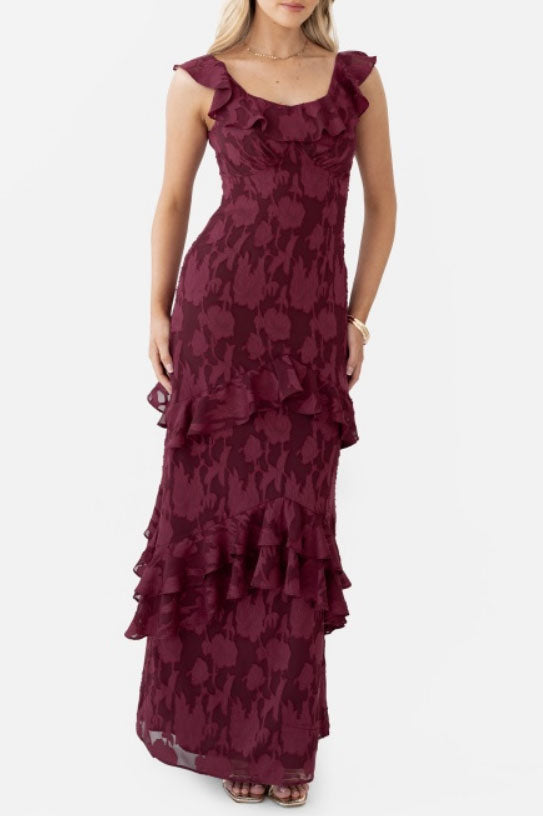 フローラルオパールロングドレスボルドーSサイズ