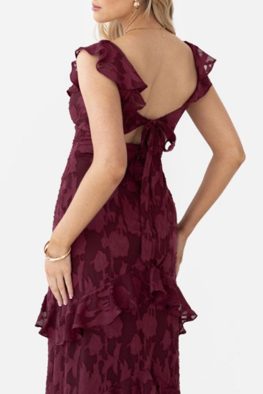 フローラルオパールロングドレスボルドーSサイズ