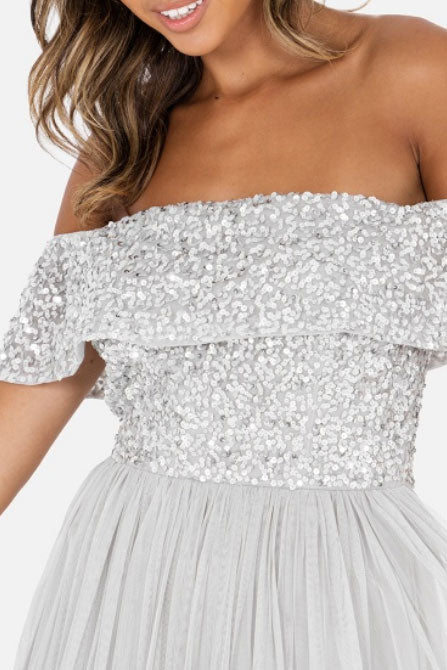 ビジューオフショルダーロングドレスシルバーMサイズ