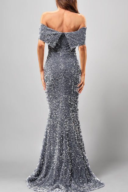 スパンコールつきベロアオフショルダーロングドレスグレーS