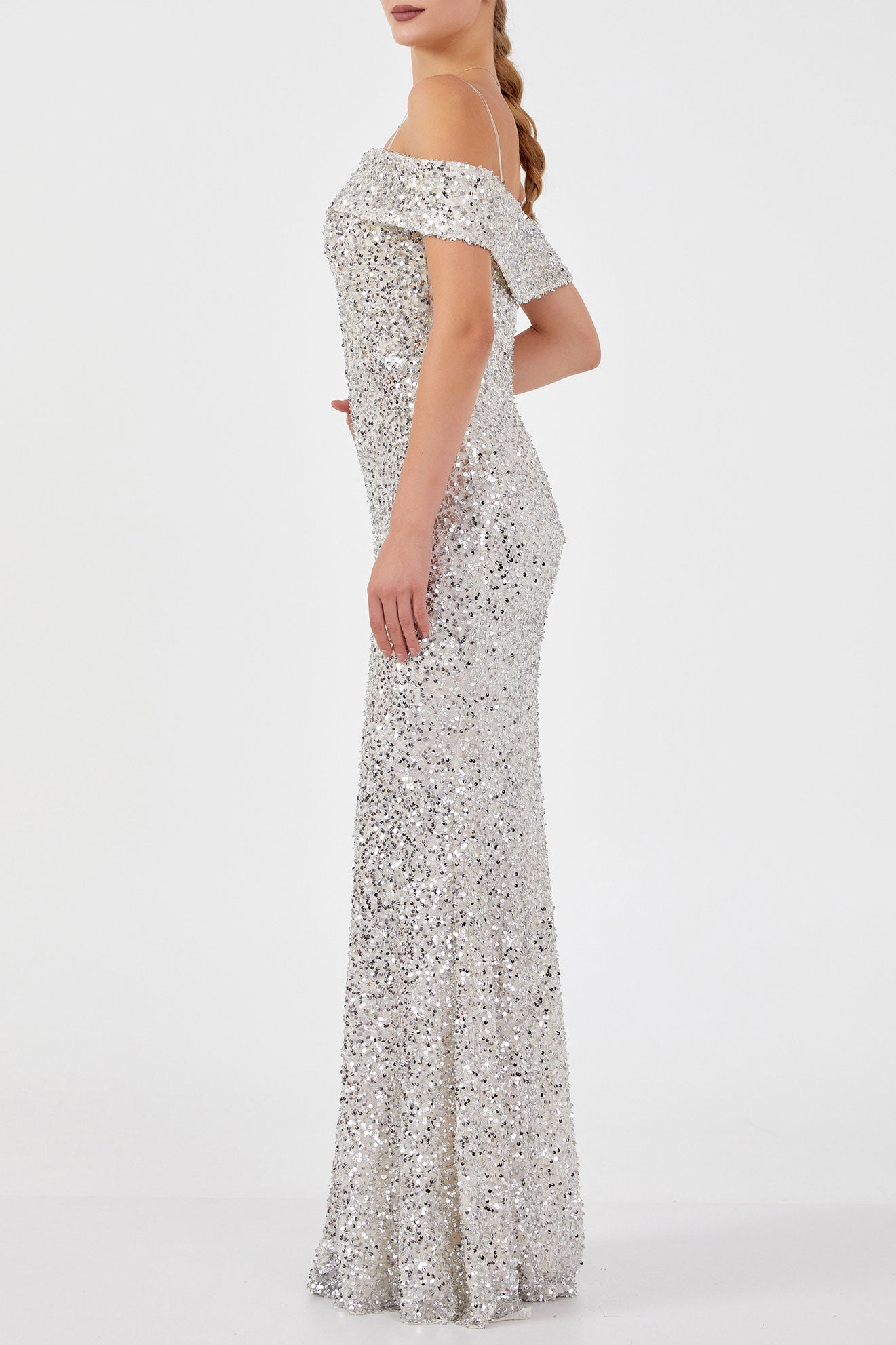 スパンコールオフショルダーマーメイドドレスシルバーLサイズ(40)