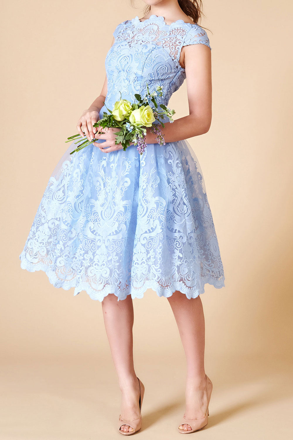 ボートネックレース・キャップスリーブドレス・ブルー・Sサイズ