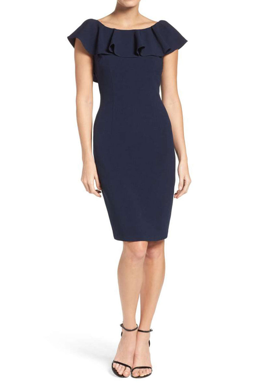 レースバック・ラッフルシースドレス・ネイビー・Sサイズ