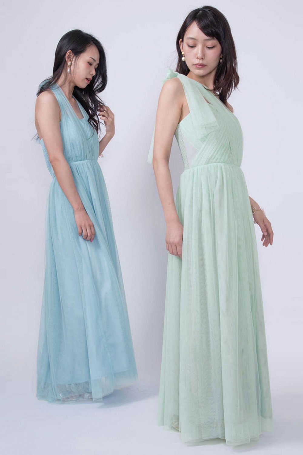 コンバーチブルロングドレス・チュールミントグリーン・フリーサイズ(ビジューベルト付き)・丈詰めタイプ