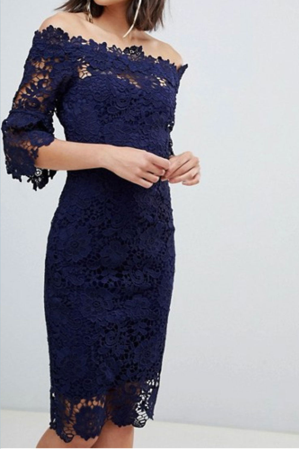 クロシェフレアカフショートドレス・ネイビー・Mサイズ