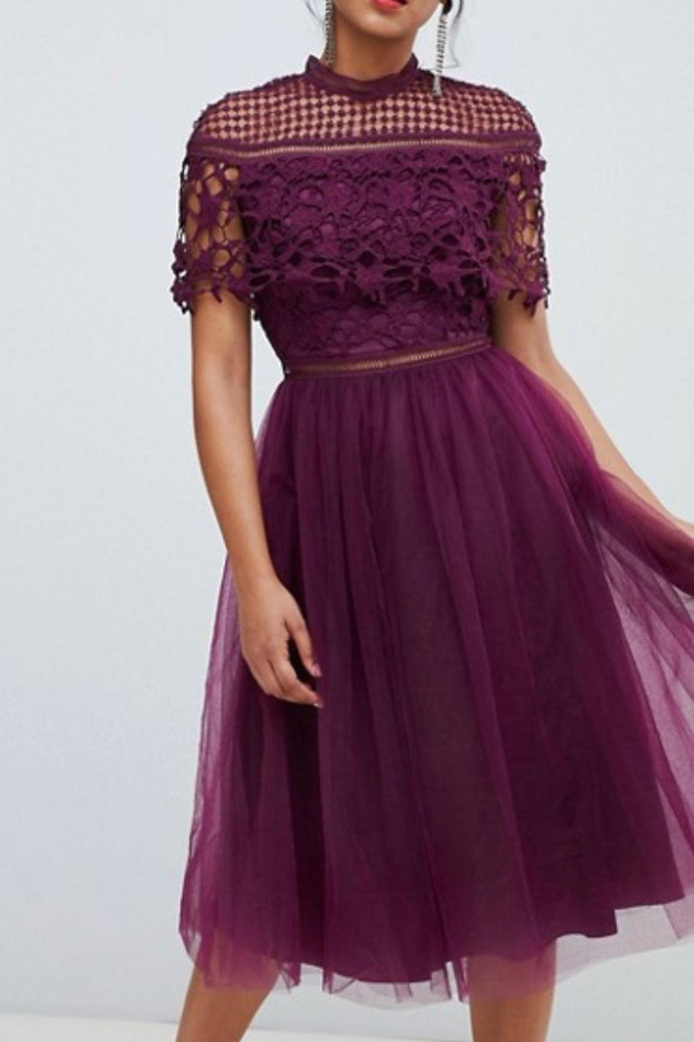 クロシェレースケープトップミディドレス・プラム・Mサイズ