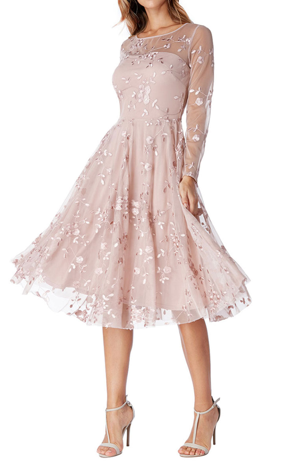 エンブロイダリーロングスリーブミディドレス・ピンク・Mサイズ