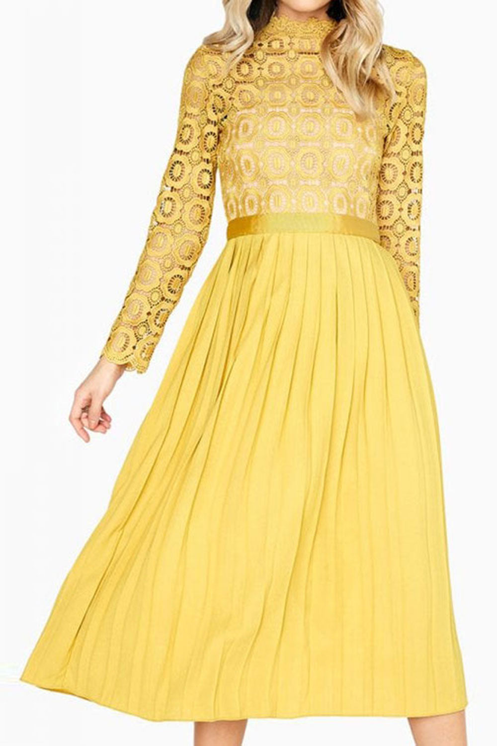クロシェレースロングスリーブプリーツスカートドレス・マスタード・Mサイズ