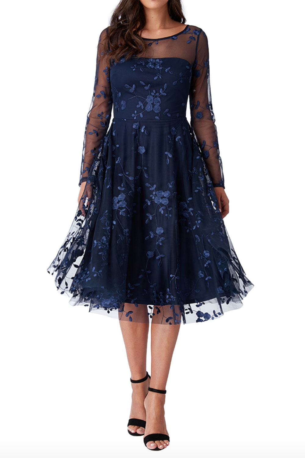 エンブロイダリーロングスリーブミディドレス・ネイビー・Mサイズ