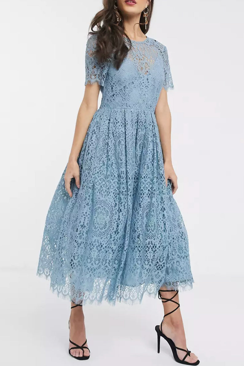 レースリボンバックミディドレスブルーSサイズ