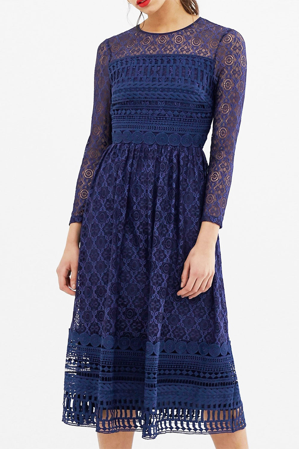 プレミアムレースロングスリーブショートドレスネイビーブルーSサイズ