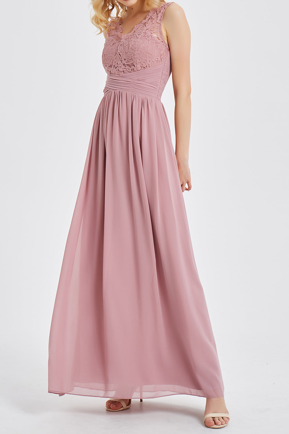 レースVネックシフォンロングドレス・ローズピンク・Mサイズ