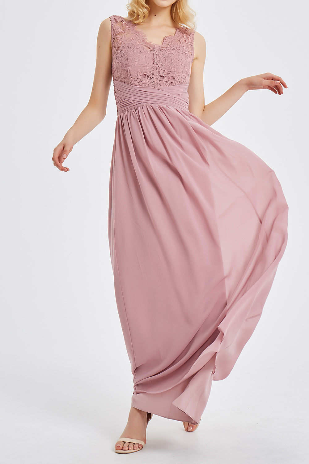 レースVネックシフォンロングドレス・ローズピンク・Sサイズ