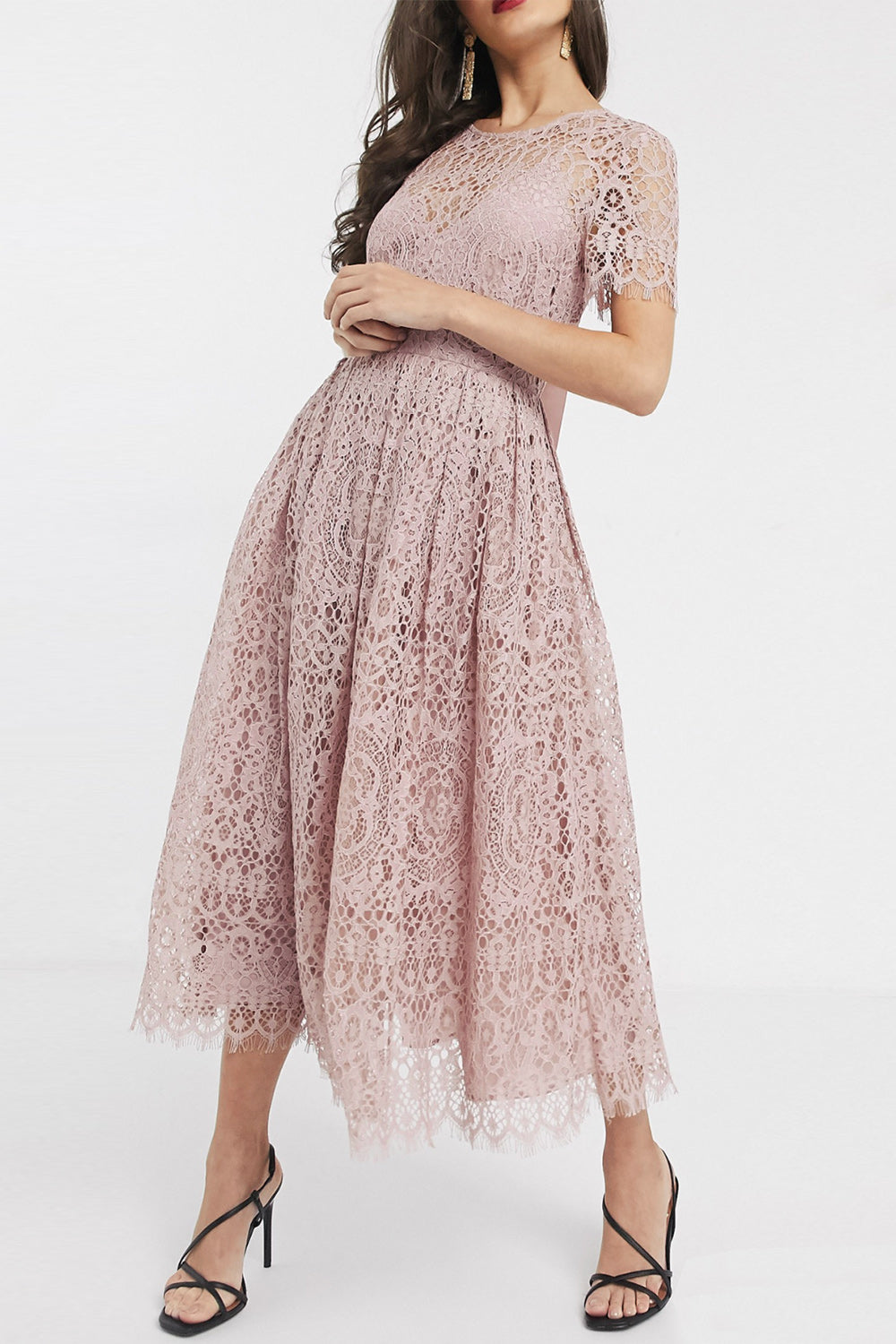 レースリボンバックミディドレスローズピンクSサイズ