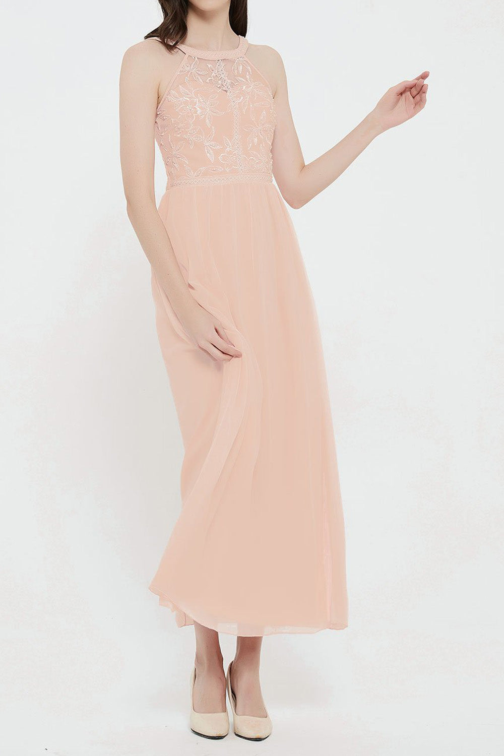 エンブロイダリーレースホルターロングドレスピンクフリーサイズ