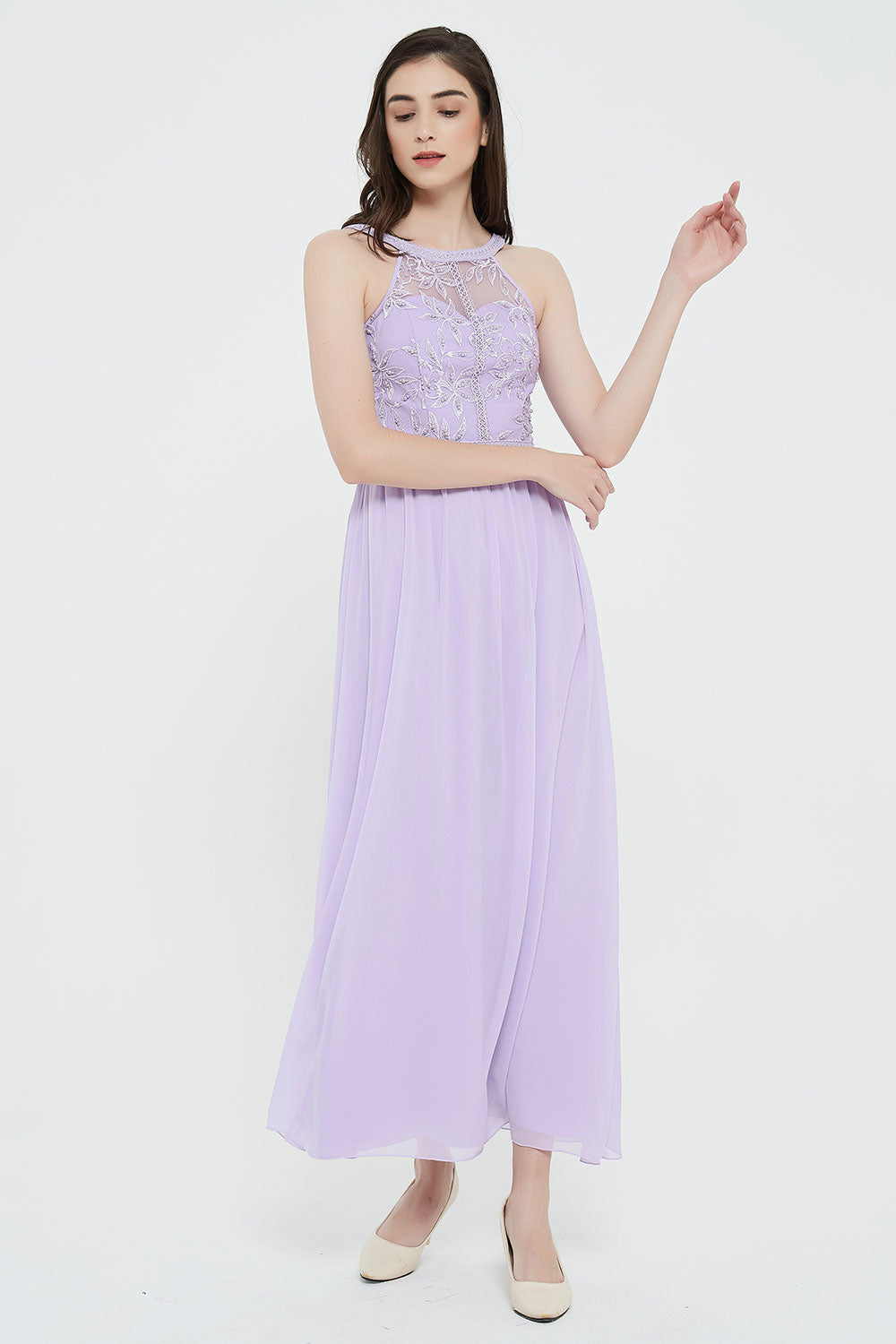 エンブロイダリーレースホルターロングドレスパープルフリーサイズ