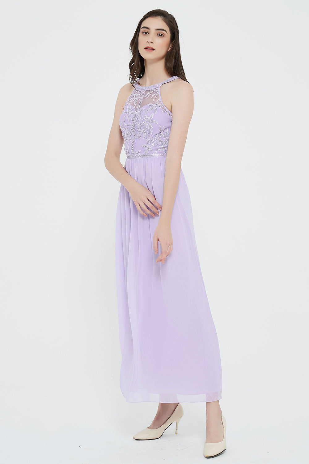 エンブロイダリーレースホルターロングドレスパープルフリーサイズ・丈詰めタイプ