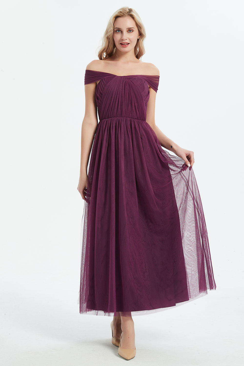 コンバーチブルロングドレス・チュールバーガンディ・フリーサイズ(ビジューベルト付き)