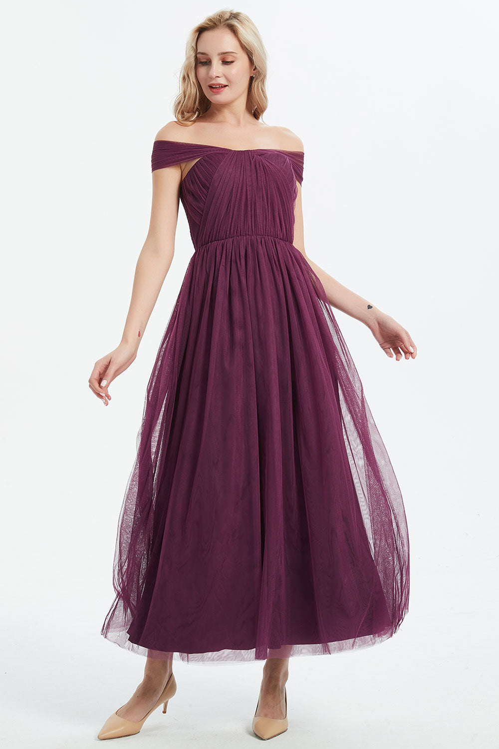 コンバーチブルロングドレス・チュールバーガンディ・フリーサイズ(ビジューベルト付き)